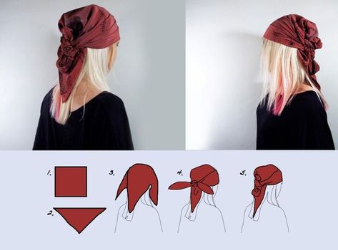 DIY Tutorial: Fashion / Head scarf style 6 easy ways Diy Headscarf, Headscarf Ideas, Pirate Hair, Knot Ponytail, Pirate Bandana, Ponytail Wrap, Celana Fashion, Pirate Halloween, Head Scarf Styles