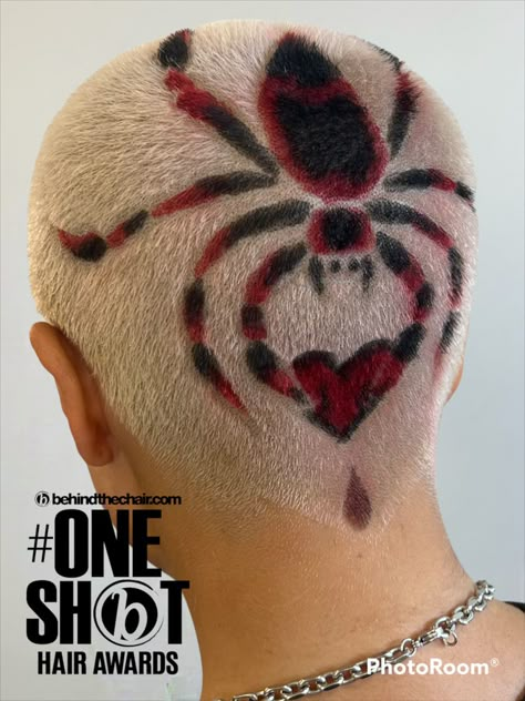 Shaved Hair Designs Skull, Buzzcut Shaved Design, Spider Web Shaved Head, Halloween Shaved Head Design, Spider Buzzcut, Shaved Hair Designs Halloween, Blonde Buzzcut With Designs, Spider Hair Design, Bald Head Dye Designs