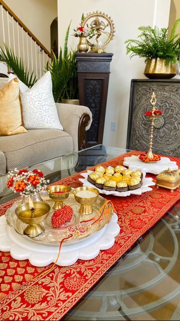 Indian Festive Table Decor, Diwali Table Runner, Table Decorations Diwali, Festive Table Decor, Rakshabandhan Decoration Ideas At Home, Diwali Pooja Setup, Rakhi Platter Ideas, Table Decorations Indian, Rakhi Decoration Ideas