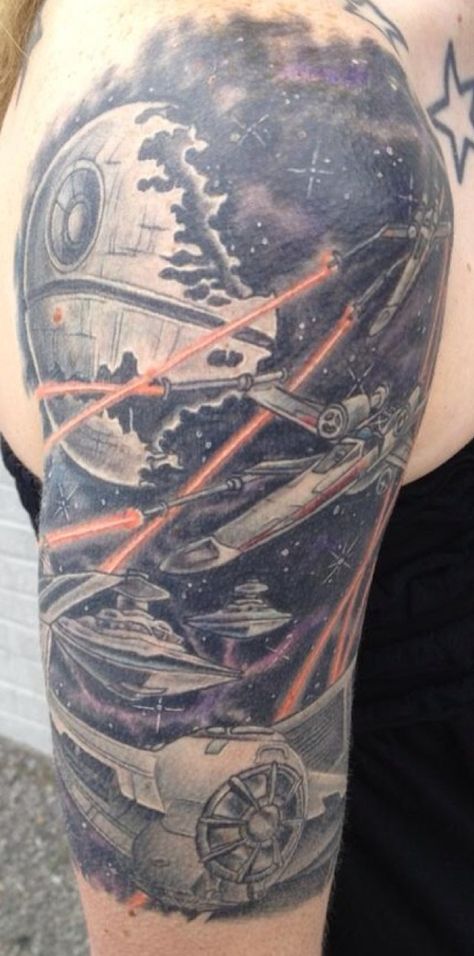 Star Wars Tattoo Sleeve, Star Wars Tattoo Ideas, Geek Tattoos, Fighter Tattoo, Backpiece Tattoo, Tattoo Star, Nerd Tattoo, Fan Tattoo, Movie Tattoo