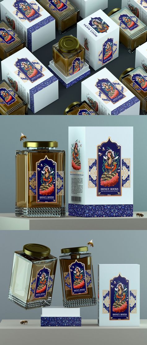 Taha Fakouri - Taha Fakouri Creates Packaging Design for Honey Rock – The name of this brand is derived from a place called meteora it is a religion place for the Greeks with a lot of monasteries and Meteora means Rocks which holds from the sky. – #honey #illustration #packagingdesign #wbds Mecca Packaging, Honey Illustration, Honey Brand, Honey Packaging, The Greeks, Design Illustrations, Creative Packaging, Package Design, The Sky