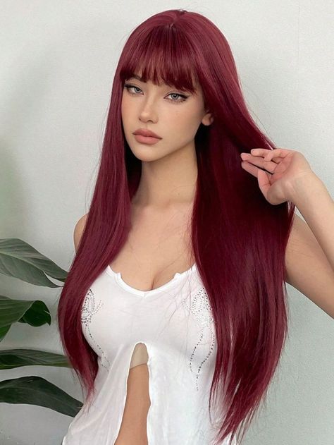 Pelo Color Vino, Red Hair With Bangs, Wine Red Hair, Halloween Wigs, Long Red Hair, Red Wigs, Hair Color For Women, Red Hair Color, Long Straight Hair