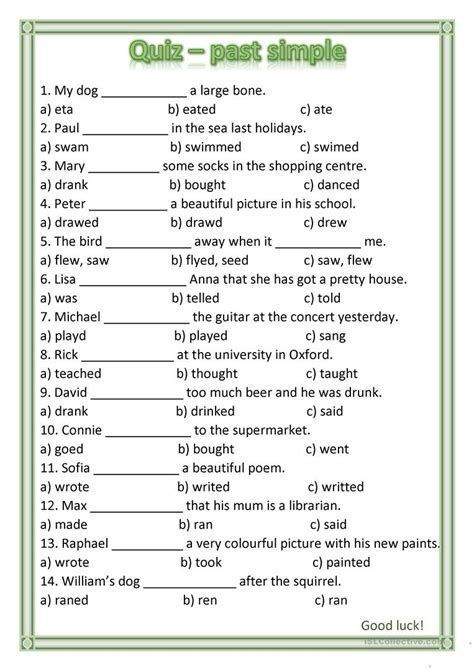 Here's a fun English ESL worksheet to practice the past simple tense for ESL students. Simple Past Tense Worksheet, English Past Tense, Past Simple Tense, Past Tense Worksheet, English Grammar Quiz, English Grammar Exercises, English Quiz, Simple Past Tense, Grammar Quiz