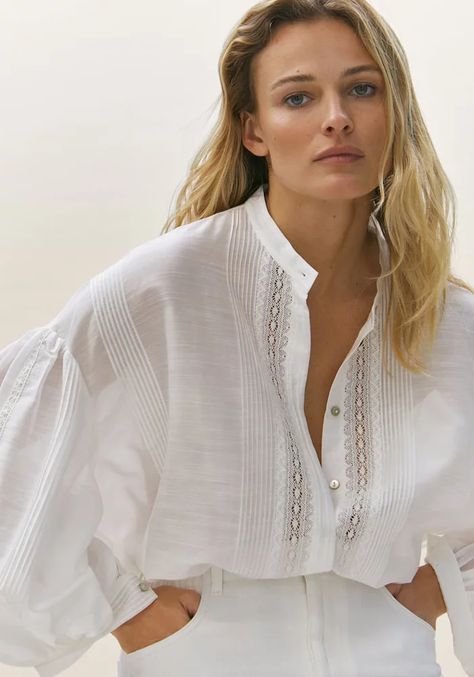 Pretty Blouses, Stylish Blouse, Desi Fashion, Mode Inspo, Lace Shirt, White Shirts, Silk Shirt, Elegant Outfit, Massimo Dutti