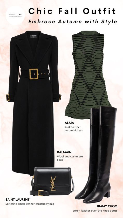 Step into the season with unparalleled elegance. This outfit features Alaia's minidress, effortlessly blending bold texture with sleek lines. Elevate the look with Saint Laurent's crossbody bag and the luxurious Jimmy Choo's boots. Complete the look with Balmain's coat, ensuring both style and warmth! #AutumnClothesAesthetic #FallFashionAesthetic #FallOutfitInspo #FallClothingAesthetic #FallSeasonOutfits #AutumnOutfitsCasual #FallInspiredOutfits Balmain Women Outfit, Balmain Outfits Women, Chic Fall Outfit, Luxurious Clothes, Diverse Fashion, Chic Fall Outfits, Modern Vintage Fashion, Trendy Fall Outfits, Autumn Outfit