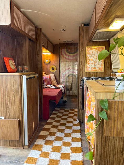 70s Retro Camper Interior, 70s Trailer Interior, Retro Campervan Interior, Eclectic Camper Interior, Orange Camper Interior, Funky Rv Interiors, Funky Camper Interior, Vintage Motorhome Interior, Retro Rv Remodel