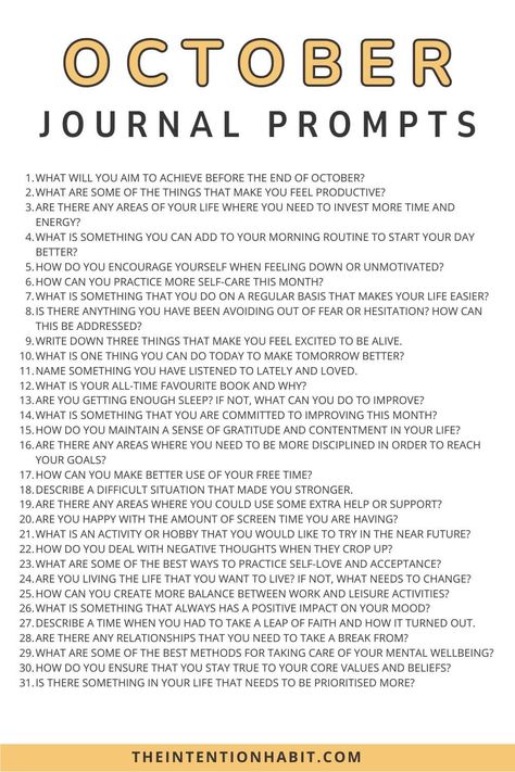 October Journal Prompts, 2024 Journaling, Diary Prompts, October Writing Prompts, October Journal, October Writing, 31 Daily, Mindfulness Journal Prompts, Simple Daily Planner