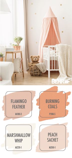 We can’t help but love this pink and white color palette from BEHR Paint. Light shades like Flamingo Feather, Marshmallow Whip, and Peach Sachet form a neutral background for the bold hue of Burning Coals. We love how this girl’s nursery uses light wood accents to tie the entire design together. Click below to get inspired. Nursery Color Palette, Girl Nursery Colors, Peach Nursery, Nursery Paint Colors, Girls Room Colors, Tv Ideas, Color Of The Month, Toddler Girl Room, Girl Nursery Room