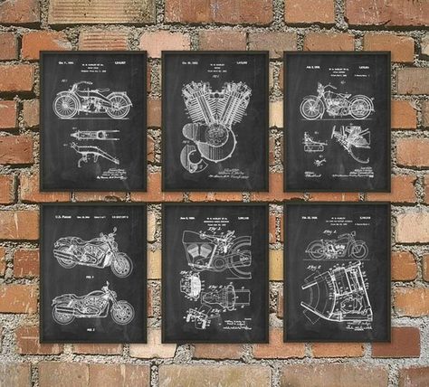 Harley Davidson Motorcycle Patent Print Set of 6 - Classic Motorcycle Art - American Motorcycle - Motorcyclist Gift Idea - Garage Mechanic  This set of six Motorcycle patent posters is printed using high quality archival inks on heavy-weight archival paper with a smooth matte finish. A Futurama Poster, Nerd Baby, Patent Art Prints, Computer Geek, Motorcycle Shop, Tech Art, Computer Room, Motorcycle Art, Working Space