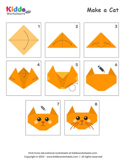 Find the step by step origami instructions and start your paper folding adventure!

These detailed instructions break down each fold, making it easier for children to follow along.

Download this free origami worksheet pdf or print it right away. Origami Cat Instructions, Paper Folding For Kids, Printable Origami, Step By Step Origami, Origami Frog, Dotted Drawings, Origami Step By Step, Origami Fish, Cat Steps