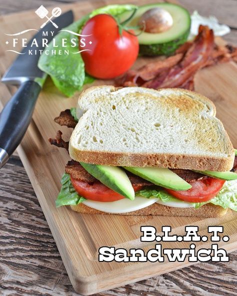 B.L.A.T. Sandwich from My Fearless Kitchen. Make your childhood favorite BLT sandwich into this grown-up B.L.A.T. sandwich! It's springy, it's fun, and it's yummy! Blt Sandwich, Picnic Lunches, B L, Grown Up, Alarm Clock, Sandwiches, Tacos, Clock, Make Your