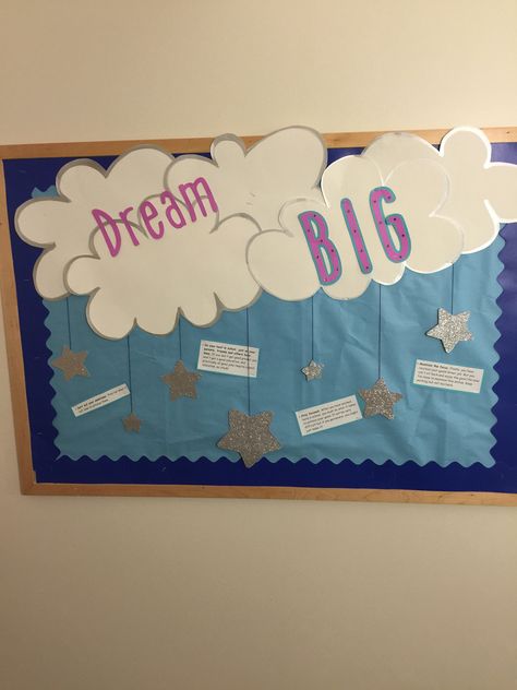 Dream Big RA bulletin board Dare To Dream Bulletin Board, Cloud Bulletin Board Ideas, Cloud Theme Bulletin Board, Dream Bulletin Board Ideas, One Team One Dream Bulletin Board, Dream Big Bulletin Board, Make A Wish Bulletin Board, Dream Big Bulletin Board Ideas, Hopes And Dreams Bulletin Board