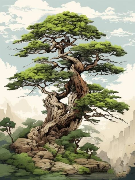 Bonsai Art Painting, Chinese Tree Painting, Artificial Intelegent Illustration, Bonsai Tree Painting, Oak Tree Drawings, Mother Earth Art, Animal Tattoo Ideas, Ear Tattoo Ideas, Ear Tattoos