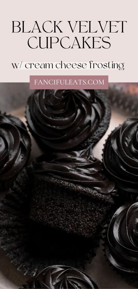 Black Velvet Cupcakes. Black Velvet Cake Recipe, Black Velvet Cupcakes, Black Cocoa Powder, Black Velvet Cakes, Black Dessert, Black Cupcakes, Cream Cheese Frosting Cake, Moist Cupcakes, Black Cocoa