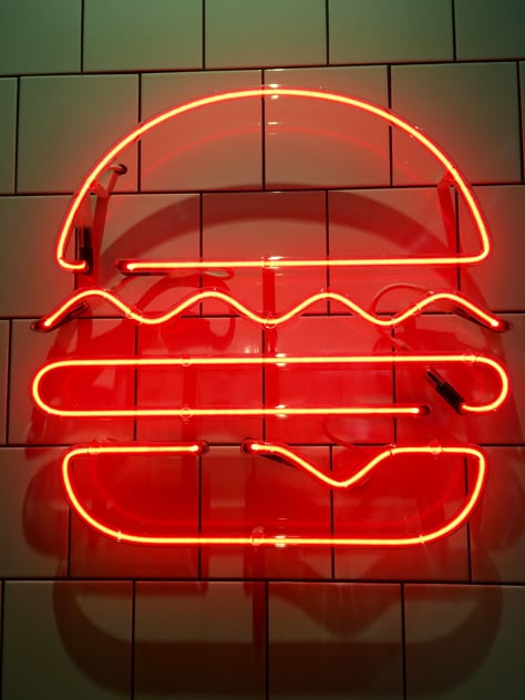 Burger Neon Sign, Neon Restaurant Interior, Cafe Wall Design, Neon Burger, Ribs Grill, Diner Burger, Burger Neon, Burger Dinner, The Electric Company