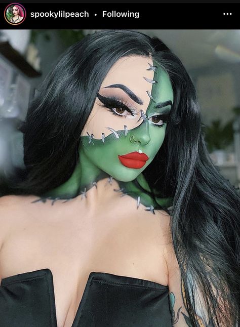 Glam Bride Of Frankenstein Makeup, Hawollen Makeup, Lady Frankenstein Makeup, Frankinstine Makeup, Female Frankenstein Makeup, Frankenstein Monster Makeup, Frankenstein Eye Makeup, Women Halloween Makeup Ideas, Girl Frankenstein Costume