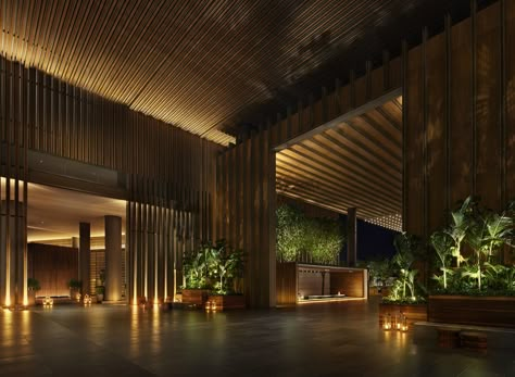 The interior of the hotel infuses traditional Asian design with futuristic architecture. Most of the trees and plants are sourced from Hainan Island, making the landscape ecologically sustainable. Port Cochere, Resorts Design, Asia Restaurant, Lobby Lighting, Hotel Landscape, Edition Hotel, Hotel Lobby Design, Asian Interior, Hotel Entrance