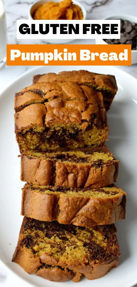 sliced gluten free pumpkin bread on a plate Gluten Free Pumpkin Bread Recipe, Gluten Free Quick Bread, Gluten Free Pumpkin Bread, Pumpkin Chocolate Chip Bread, Gluten Free Banana Bread, Gluten Free Chocolate Chip, Chocolate Bread, Gluten Free Banana, Gluten Free Sweet