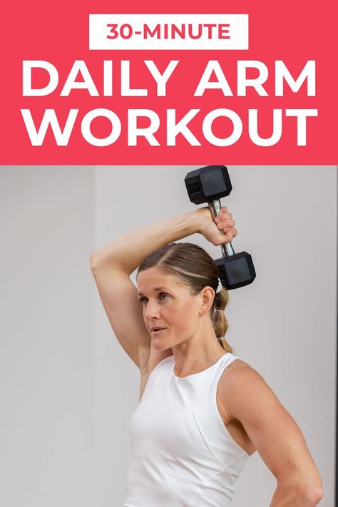 Build a strong, toned upper body with my favorite dumbbell arm exercises. An at home workout that targets the shoulders, back, chest, biceps and triceps. Each circuit includes a strength exercise, a power exercise and an isometric hold. Burn out the entire upper body at home using a set of dumbbells. Beginners Arm Workout Women, Upper Arm Strength Exercises, Arm Exercises Women Weights, Toning Arm Workouts, Upper Body Dumbbell Workout For Women, Daily Arm Workout, Free Weight Arm Workout, Nml Workouts, Toned Arms At Home