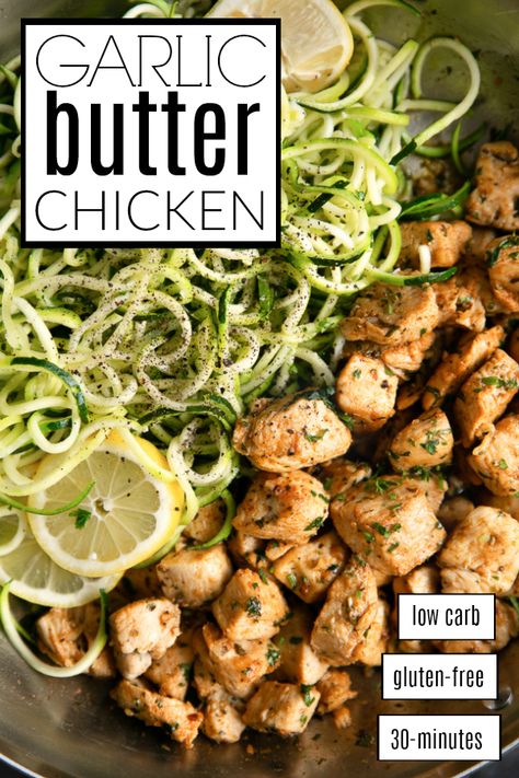 Recipe With Zucchini, Garlic Butter Chicken Bites, Butter Chicken Bites, Chicken Garlic, Zucchini Noodle Recipes, Garlic Recipe, Zoodle Recipes, Parmesan Recipes, Spiralizer Recipes