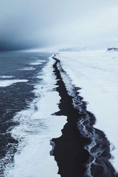 #sea#winter#snow#coast Iceland In December, Iceland Snow, Iceland Landscape, Arctic Sea, Winter Beach, Nature Music, Iceland Travel, Snow Storm, Black Sand