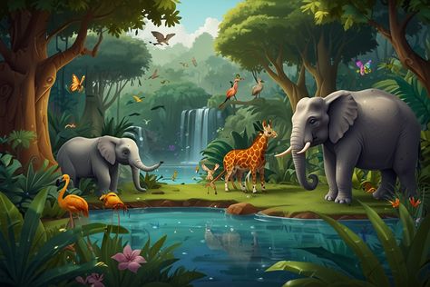 cartoon jungle with water and animals 1 Cartoon Jungle, Jungle Cartoon, Jungle Images, Jungle Clipart, Jungle Animal Art, Cute Animal Clipart, Safari Adventure, Jungle Animal, Animated Images