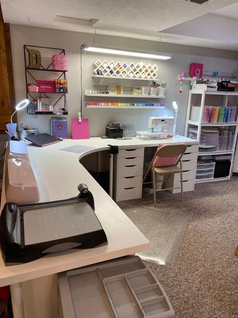 Cricut Maker Desk Setup, Office For Women Decor, Creative Room Ideas Office, Garage Craft Room Ideas Diy, Small Business Room Ideas Space, Arts And Crafts Room Ideas, Unfinished Basement Office, Bedroom Craft Room Combo, Cheap Craft Room Storage Ideas