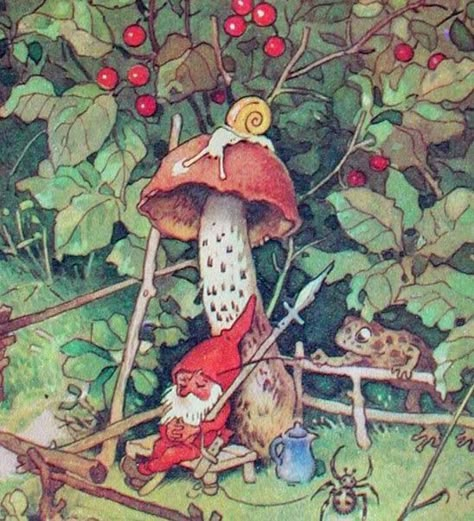 gnome and mushroom and naughty toad Fritz Baumgarten, 동화 삽화, Arte Indie, Elves And Fairies, Flower Fairies, Fairytale Art, Mushroom Art, Fairy Art, Fairy Houses