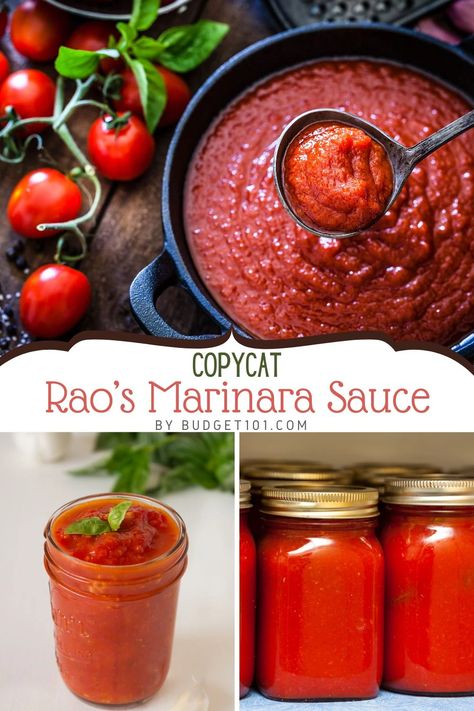 Copycat Rao's Marinara Sauce Recipe - by Budget101 Homemade Marinara Sauce For Lasagna, Rao's Homemade Marinara Sauce Recipe, Marinara Dipping Sauce Easy, Homemade Canned Marinara Sauce, Marinara Sauce From Tomato Sauce, Marinara From Canned Tomatoes, Marinara From Tomato Sauce, Best Homemade Sauce Recipes, Vegetarian Marinara Sauce