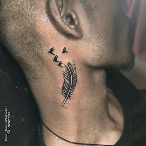 Neck tattoo ideas | Neck Tattoo design | Feather and birds tattoo designs Neck Feather Tattoo, Feather Tattoo On Neck, Birds Tattoo On Neck, Feather And Birds Tattoo, Feather Tattoo Men, Mens Neck Tattoos, Bird Tattoo Neck, Tattoo On Neck, Neck Tattoo Ideas