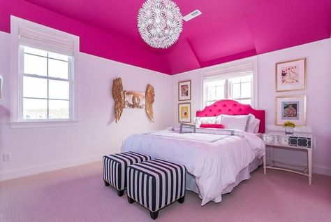 White Girls Bedroom, Pink Wallpaper Bedroom, Hot Pink Room, Hot Pink Bedrooms, Blush Pink Bedroom, Pink Bedroom Walls, Pink Ceiling, Pink Bedroom Design, Pink Bedroom For Girls