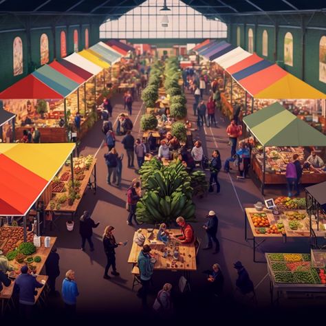 marketplace, indoor, fruits and vegetables Sims 4 Market Place, Outside Market, Market Place Design Architecture, Market Place Architecture, Food Market Architecture, Street Market Architecture, Street Market Design, Indoor Farmers Market, Farmers Market Design