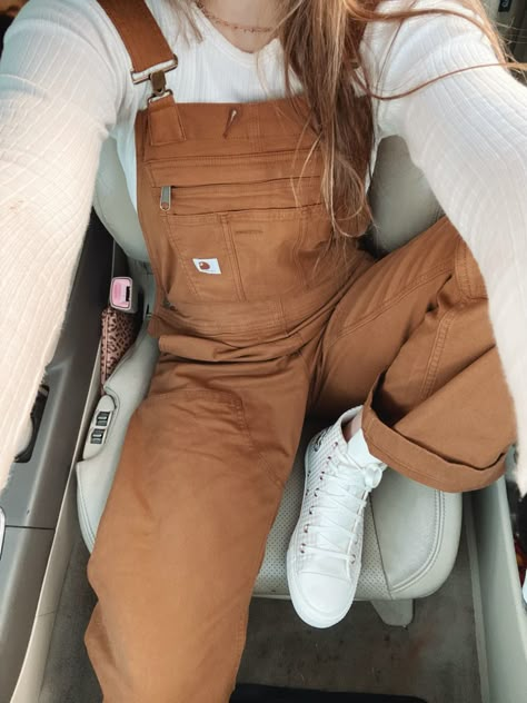 #overalls #overallsjeans #carhartt #bibs Womans Carhartt Overalls, Carhartt Women Outfits Overalls, How To Style Carhartt Overalls, Carhartt Country Outfits, Cute White Overall Outfits, Womens Carhartt Overalls Outfits, Overalls Outfit Carhartt, Carhartt Women Outfits Bib Overalls, Brown Carhartt Overalls Outfit