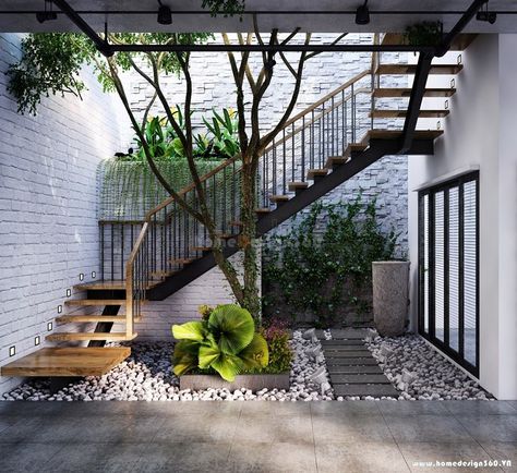 Plants Aesthetic Living Room, Staircase Greenery, Plants Aesthetic Home, Staircase Interior Design, Plants Aesthetic, Stone Wall Design, Herb Gardens, Courtyard Design, Stairway Design