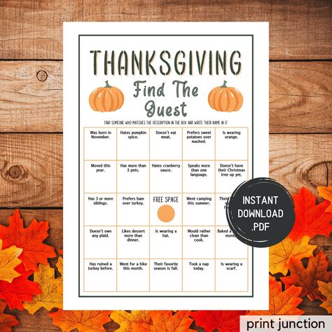 ★ Thanksgiving Printable Game - Find The Guest ★ ★ 7 IN 1 GAME BUNDLE: https://www.etsy.com/ca/listing/1123963375/thanksgiving-games-thanksgiving-party ★ SHOP ALL FALL & THANKSGIVING GAMES: https://www.etsy.com/ca/shop/printjunction?section_id=30091461 ★ SIGN UP & GET 25% OFF ★ Join Our Mailing List & Get The Sale Code: https://www.subscribepage.com/printjunction (Copy & Paste Link Into Browser) ★ SHOP ALL CHRISTMAS GAMES ★ https://www.etsy.com/ca/shop/printjunction?section_id=30722769 THIS LISTING IS A DIGITAL DOWNLOAD ONLY ----------------------------------------- * No physical items are shipped * After your payment is processed, you will be able to download the files - a link to download will also be sent to your e-mail address. You can also download your files here: https://www.etsy.co Friendsgiving Ideas Games, Friendsgiving Games For Adults, Thanksgiving Bingo For Adults, Thanksgiving Outburst Game, Thanksgiving Parade Bingo, Thanksgiving Online Party Games, Thanksgiving Games For Adults Enjoymyprintables, Friendsgiving Games, Lds Christmas