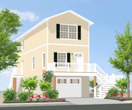 Shore Modular - Modular Homes Plans Narrow Lot Modular Beach Homes, Narrow Beach House Plans, Narrow Lot Beach House Plans, Narrow Beach House, Coastal Cottage Plans, Seaside Bedroom, Elevated House Plans, Modular Home Designs, Elevated House