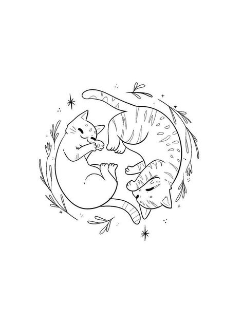 Two Cats Illustration, Two Cats Drawing, Matching Cat Tattoos, Cat Outline Tattoo, Easy Tattoos To Draw, Cat Tattoo Simple, Cat Outline, Elegant Cat, Black Cat Tattoos