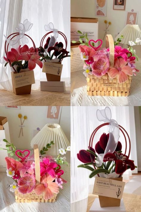 Gift flower baskets: faux flowers in pink and red for summer home decor Paper Flower Bouquet Diy, Clean Flowers, Flower Chart, Piping Flowers, Hanging Craft Ideas, Diy Bouquet Wrap, Pipe Cleaner Flowers, Handmade Gifts Diy, Flower Bouquet Diy