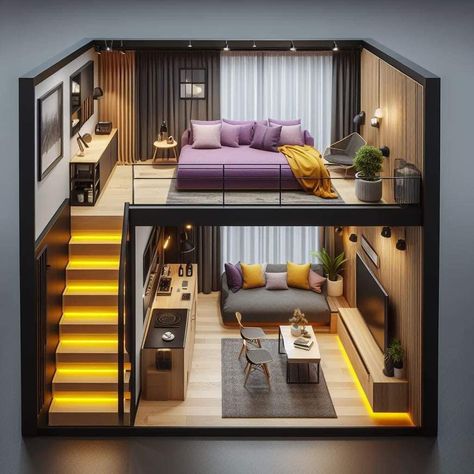 Mezzanine Bedroom, Loft House Design, Interior Design Layout, 1 Bedroom House, Little House Plans, Mezzanine Floor, Loft Interior Design, Tiny House Loft, Loft Interiors