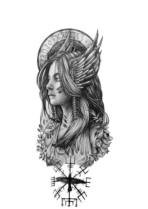 240+ Magnificent Valkyrie Tattoos Ideas and Meaning (2023) - TattoosBoyGirl Freya Tattoo Symbol, Viking Line Art, Valkyrie Tattoo Men, Freya Goddess Tattoo, Scandinavian Tattoo For Women, Valkyrie Tattoo Design, Valkyrie Tattoos, Freya Tattoo, Female Warrior Tattoo