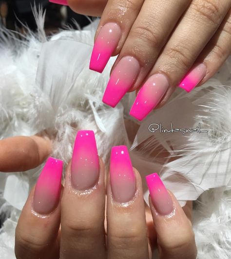 Ombre Nails Pink Short, Hot Pink Ombre Acrylic Nails, Barbie Pink Ombre Nails, Hot Pink Nails Ombre, Faded Pink Nails, Hot Pink Ombré Nails, Ombre Nails Designs Ideas, Pink Ombre Nails Square, Ombre Nails Hot Pink