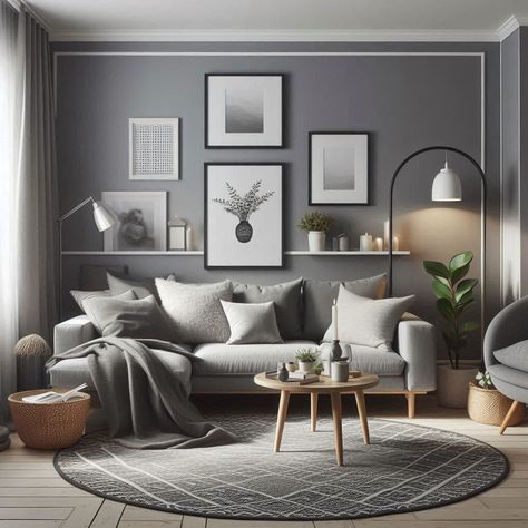 Grey Living Room Ideas Grey Living Room With Wallpaper, Gray House Interior Ideas, Dark Grey Feature Wall Living Room, Dark Grey Accent Wall Living Room, Gray Accent Wall Living Room, Gray Walls Living Room, Dark Grey Feature Wall, Grey Accent Wall Living Room, Cosy Grey Living Room