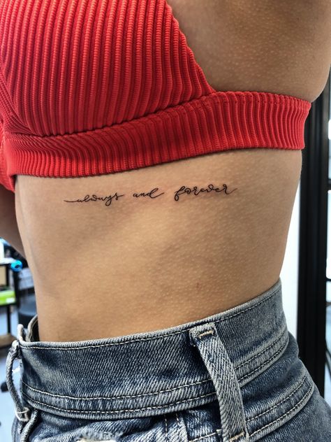 Rib Tattoos For Women Quotes Inspirational, Handwriting Rib Tattoo, Cute Rib Cage Tattoos, Nothing Is Forever Tattoo, Tattoo Ideas On Ribs, Handwriting Tattoo Ribs, Tatoos Woman Ribs, Rib Tattoos For Women Words, Front Rib Tattoo