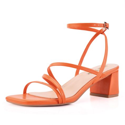 Orange Heels, Colorful Heels, Dressy Sandals, Short Heels, Ankle Strap Sandals Heels, Chunky Sandals, Chunky Block Heels, Low Block Heels, Ankle Strap Heels