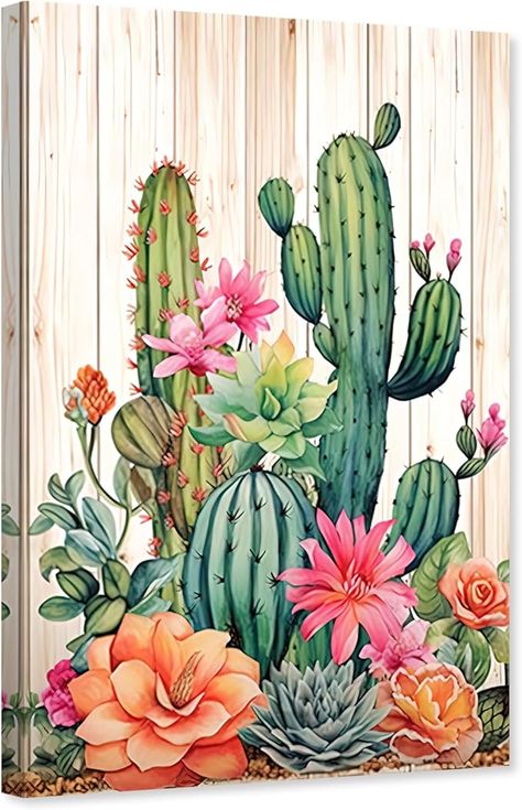 Amazon.com: ARTZGX Cactus Canvas Wall Art Desert Botanical Painting Succulent Spiny Flower Picture Mexican Artwork Home Decor Frame(Cactus - A 24.00" x 36.00"): Posters & Prints Cactus And Flowers Drawing, Succulents Painting, Cactus Flower Painting, Cactus Artwork, Cactus Canvas, Cactus Paintings, Mexican Artwork, Succulent Painting, Wall Paint Ideas