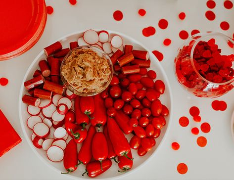 Red Third Birthday Party Red Food Items For Color Party, Color Party Food Ideas Red, Red Color Party Food, Red Theme Food, Red Board Night Food, Red Party Foods, Red Food Board, Red Foods For Party, Red Foods For Color Party