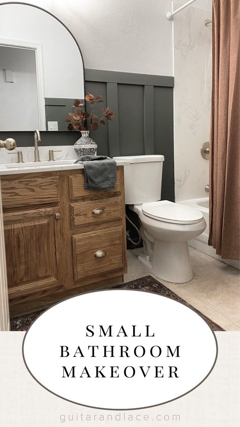 small bathroom makeover ideas Builder Grade Guest Bathroom Makeover, Moody Natural Bathroom, Builder Grade Shower Update, Update 90s Bathroom, Builder Bathroom Makeover, Builder Grade Updates Bathroom, 90s Oak Cabinets, Green And Marble Bathroom, Builder Grade Bathroom Update