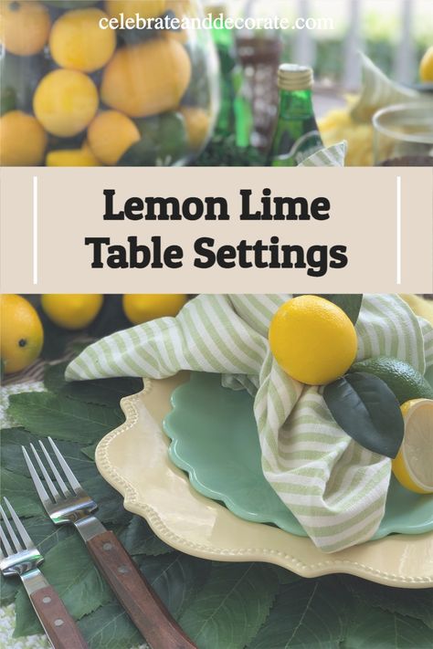 lemon lime decor for table with text overlay lemon lime table settings Ideas For Table Decorations, Plaid Tablescape, Lime Centerpiece, Pie Party, Flavored Sparkling Water, Diet Soda, Summer Gathering, Unique Table, Flavored Drinks