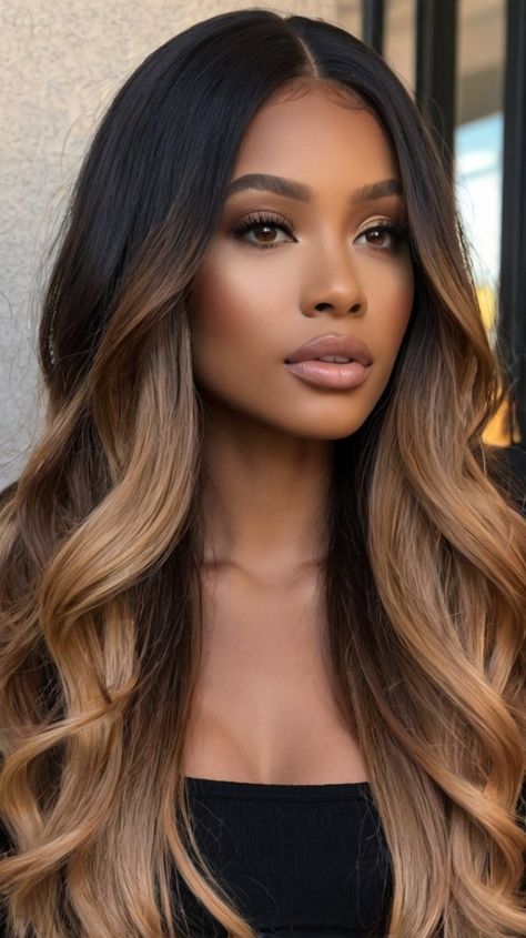 Beautiful Honey Balayage Curls for Glamorous Light Skin Women 💫 Chocolate Blonde Hair Balayage, Theresa Guidice Hair, Blonde Highlights Sew In Weave, Wavy Ombre Hair, Golden Blonde Balayage On Black Hair, Black Women Ombre Hair, Black Hair Balayage Black Women, Blonde Balayage On African American Hair, Dark Skinned Hair Color Ideas