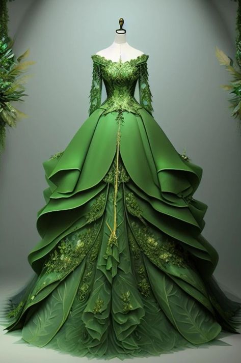 Green Fantasy Gown, Green Dress Ideas, Green Fantasy Dress, Slytherin Dresses, Green Fairy Dress, Full Sleeve Long Dress, Barbie Gown, Royal Outfit, Magical Dress